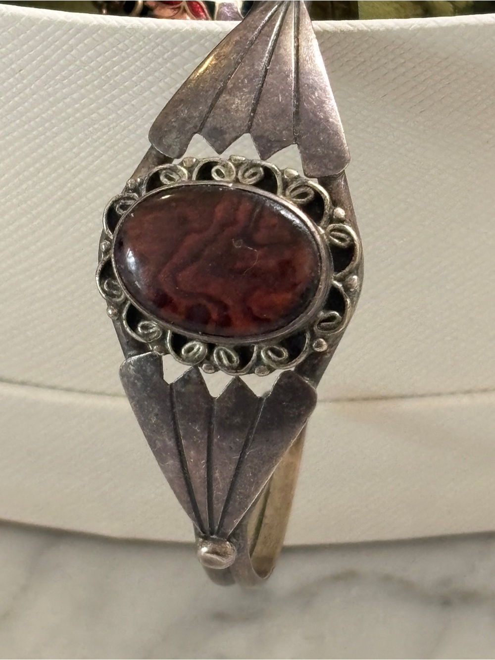 Sterling Silver Red Stone Cuff Bracelet - Unbranded